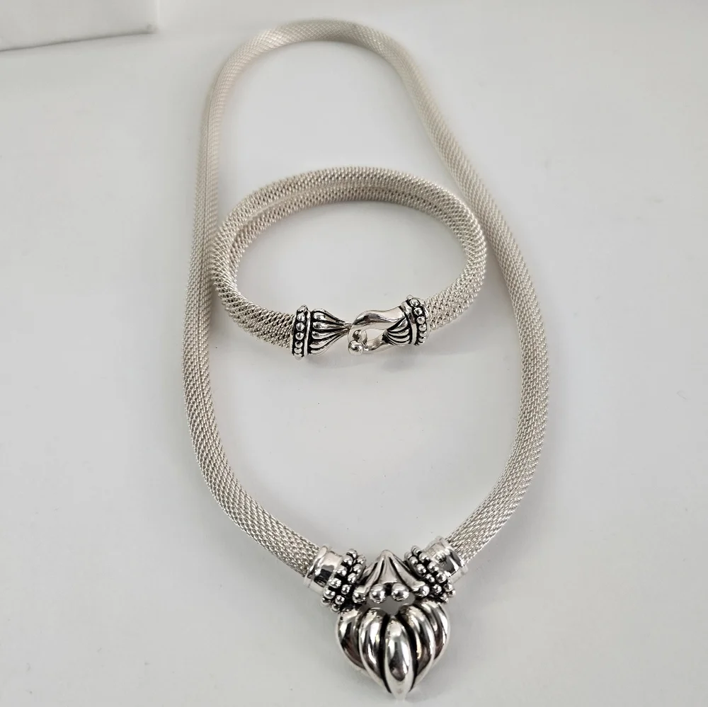 Sterling Silver 925 Snake Heart Chain Necklace with Horsebit Bracelet